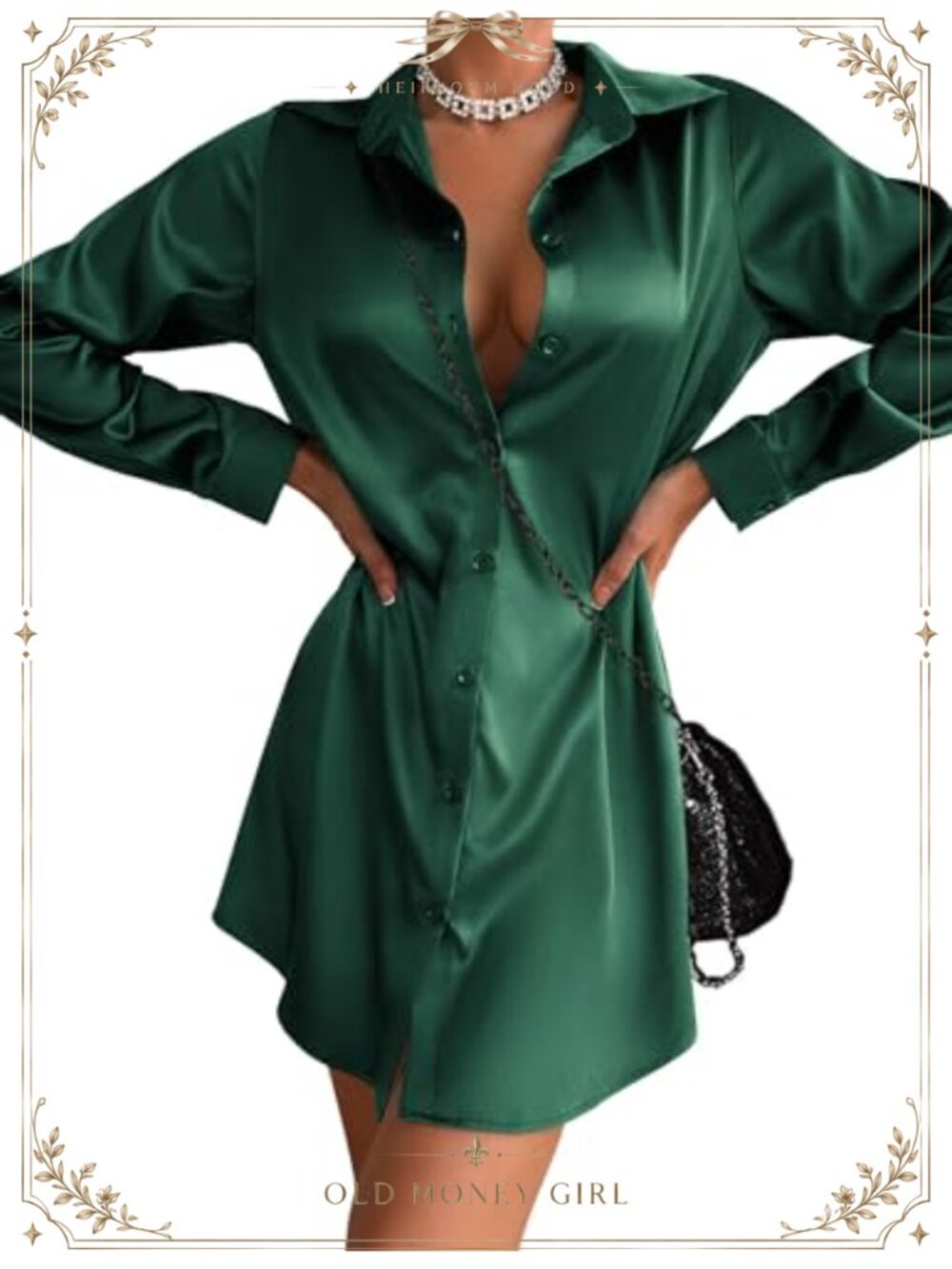 Satin Long Sleeve Button Down Shirt Dress V-Neck Mini with Belt